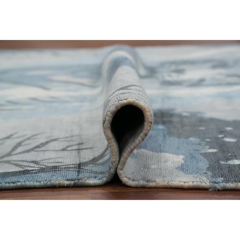 Hand Knotted Oriental Viscose Silk Carpet Modern Animal Pictorial Navy Blue & Blues Modern Area Rug - 7' 11'' X 5' 6''