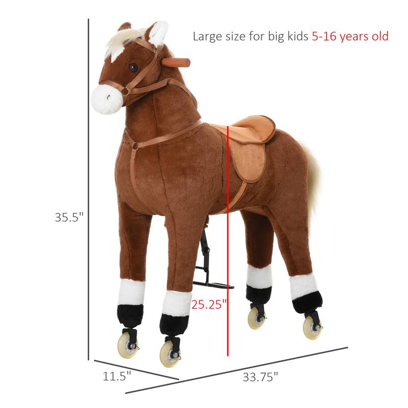 Interactive Large Ride-On Rocking Horse for Kids Aged 5-16, Plush Body with Rolling Wheels
