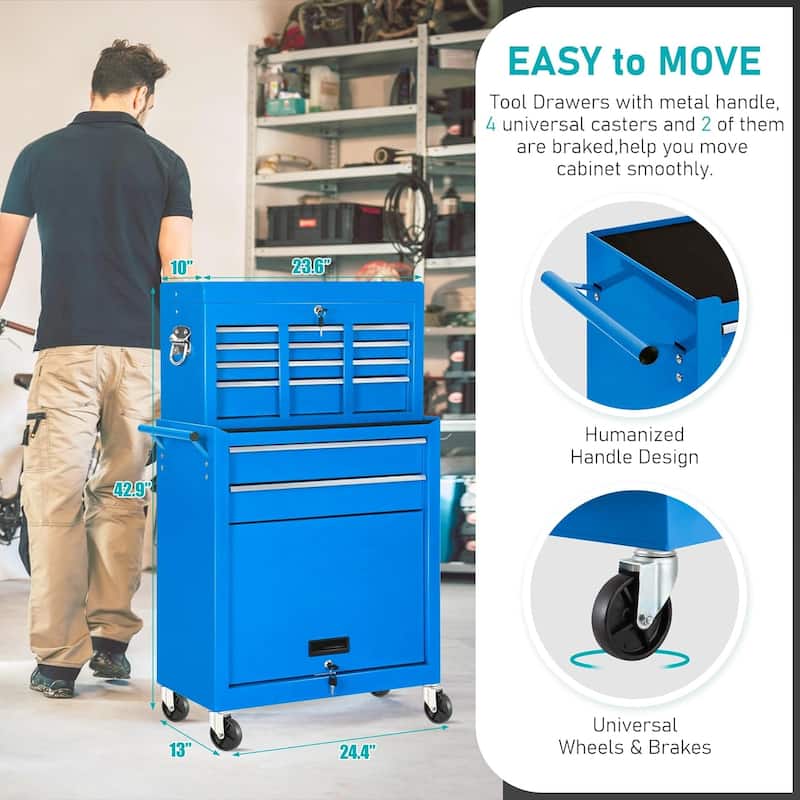 8-Drawer 2 in 1 Rolling Tool Chest Cabinet Garage Storage Toolbox with Detachable Top Tool Box and Universal Lockable Wheels
