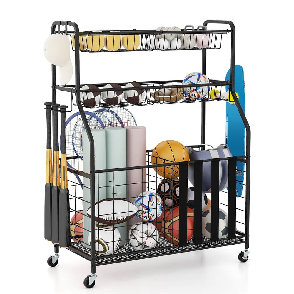 Gymax Garage Sports Equipment Organizer w/ Wheels Hooks & Baskets for