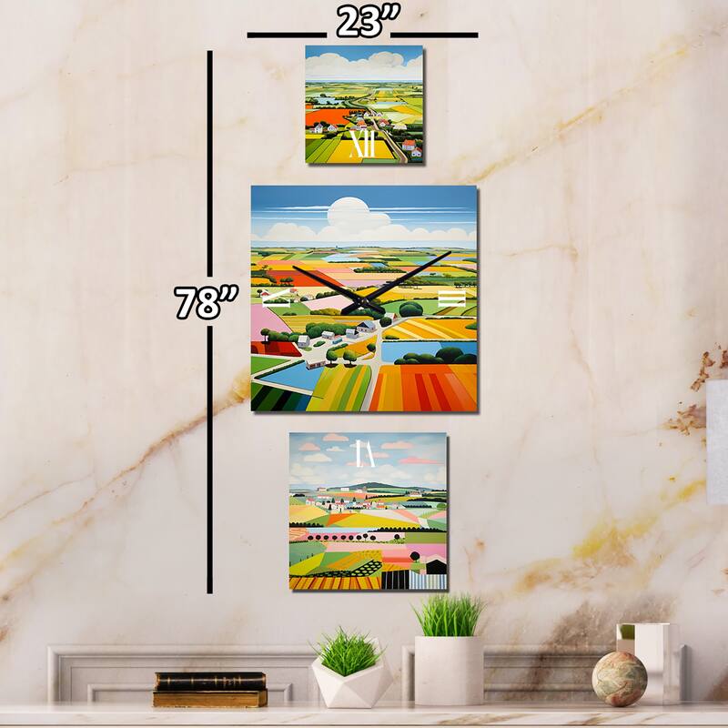 Designart "De Stijl Farm Landscape" Countryside Oversized Wall Clock - Set Of 3 - Extra large Country Clock For Office Décor