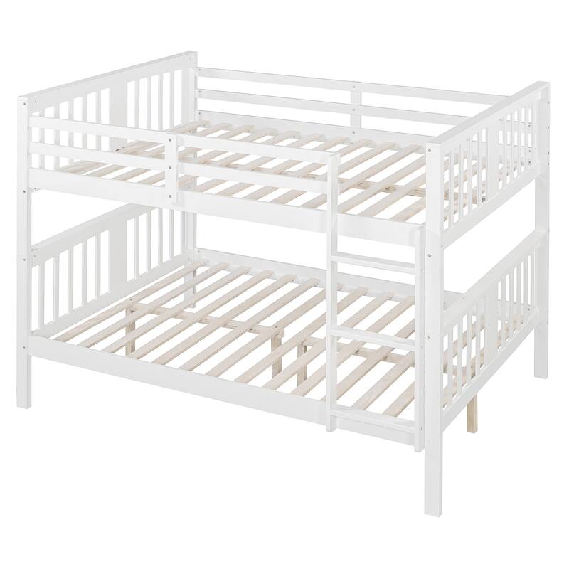 Full over Full Bunk Bed with Ladder, White, No Box Spring Needed, Solid Pine Wood Construction