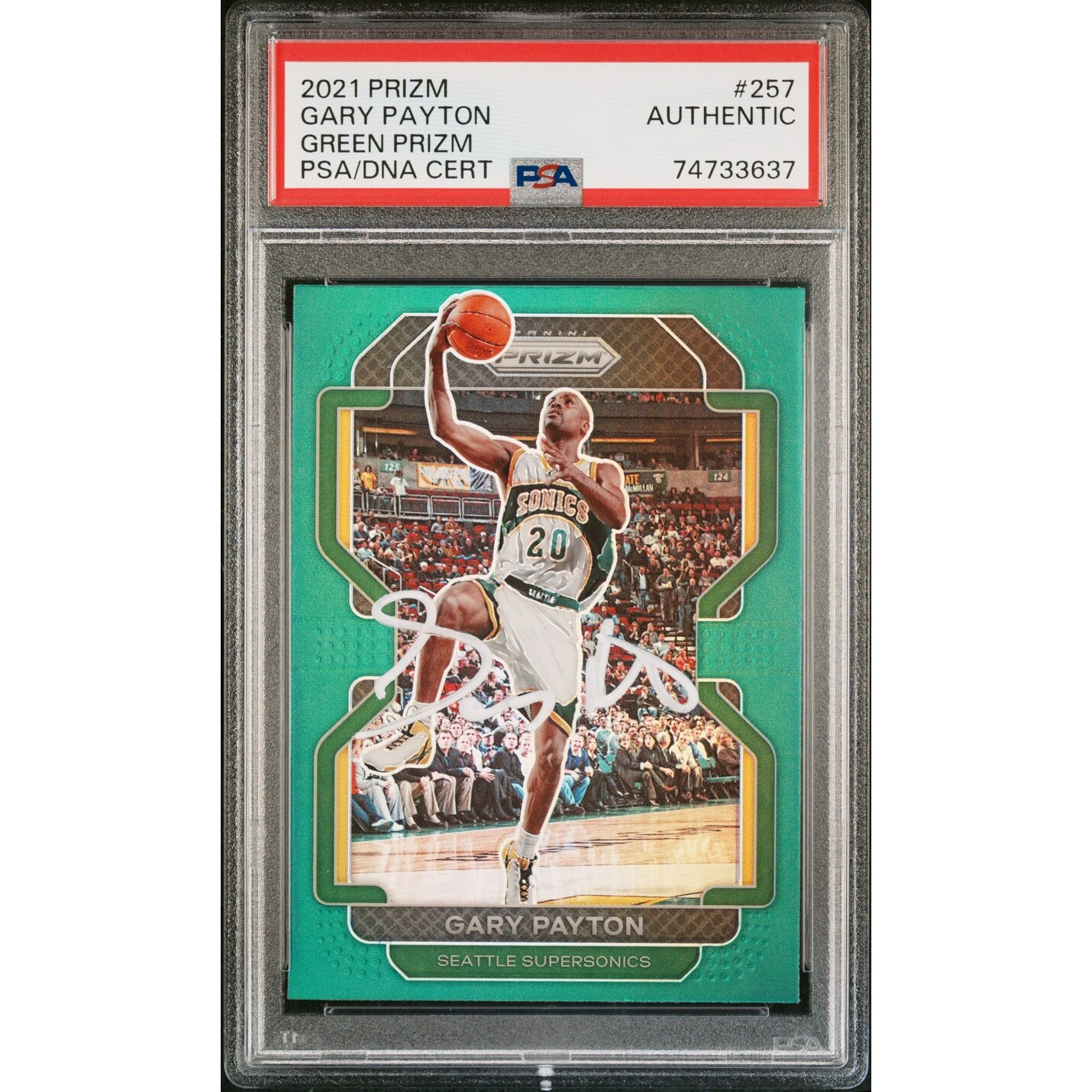 Gary Payton 2021 Panini Green Prizm Signed Basketball Card #257