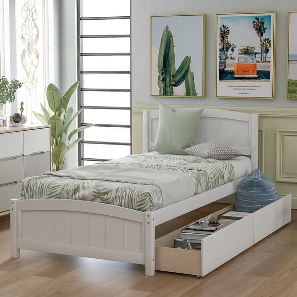 slide 2 of 9, Minimalist Twin Platform Bed with Storage Drawers, Pine Wood Frame, White Finish White