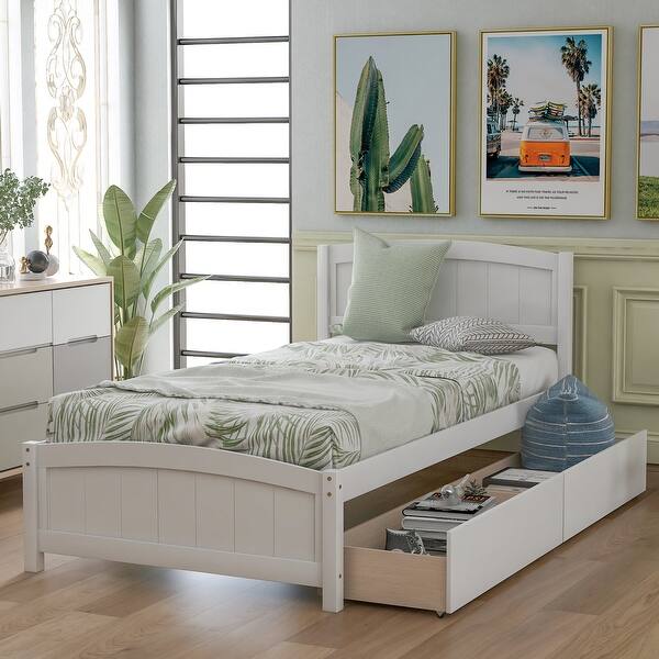 slide 2 of 9, Twin Wood Platform Bed with 2 Drawers, Minimalist and No Box Spring Required White