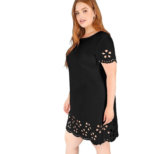 Romwe Womens Plus Laser Cut Out Solid Scallop A-line Dress