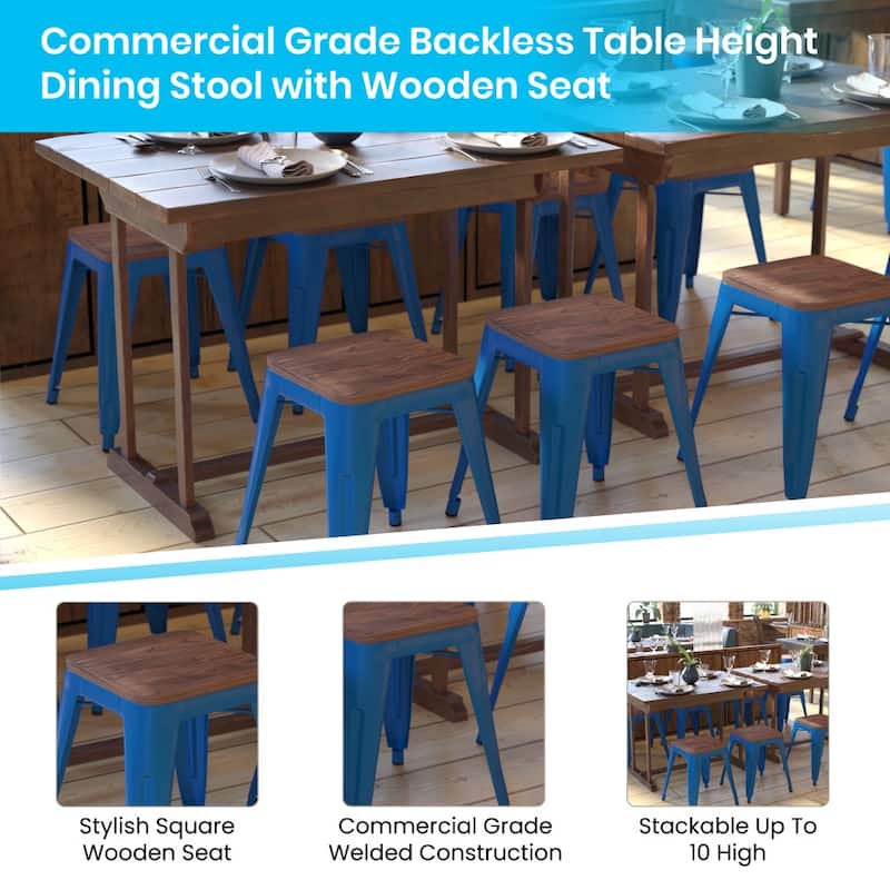 Set of 4 18" Table Height Indoor Stackable Metal Stool with Wood Seat