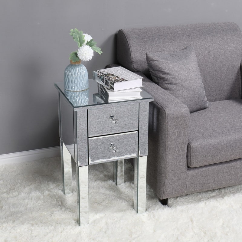 Modern 2 Drawers Mirrored Nightstand Bedside Table Silver - Sliver