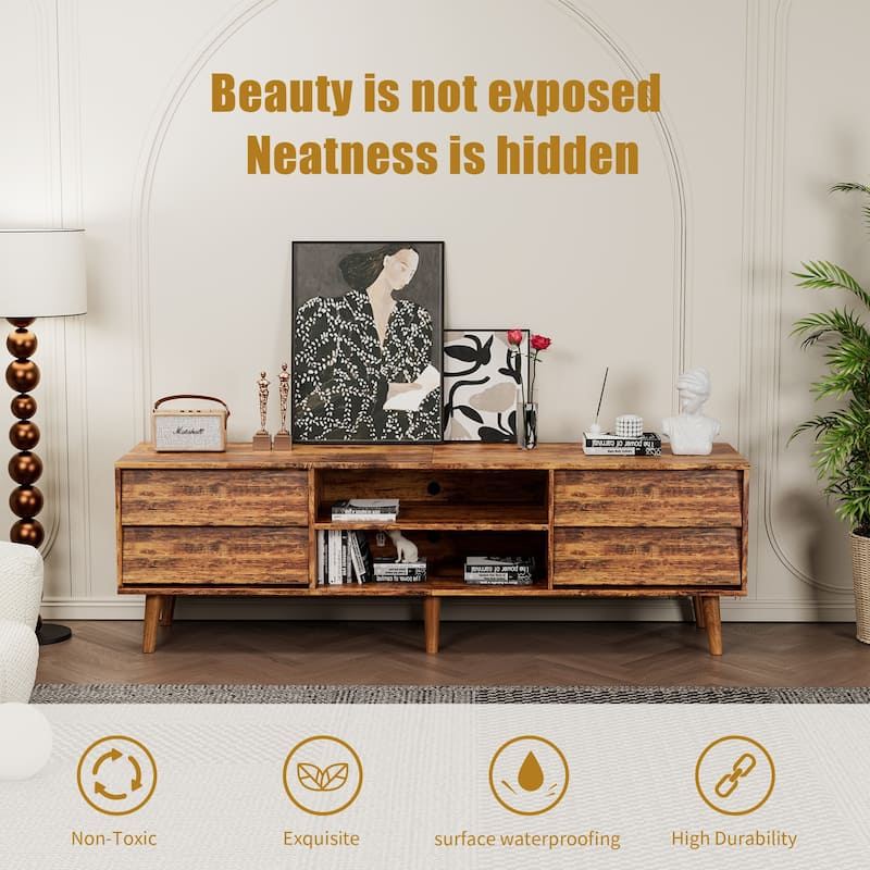 63'' TV Stand with Bevel Design, 4 Drawers and 2 Shelves, Entertainment Center for Living Room or Bedroom