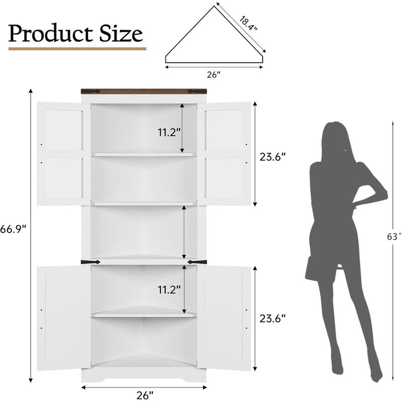 Tall Farmhouse Corner Cabinet with Glass Door & Adjustable Shelves, Space-Saving Storage for Kitchen or Bathroom