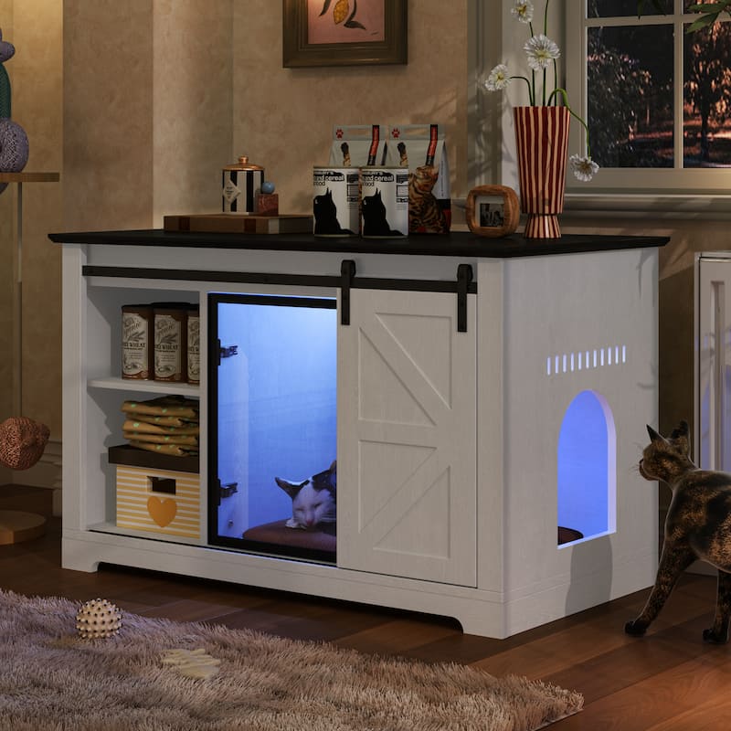 46" Farmhouse Cat Litter Box Enclosure with Sliding Barn Door, Large Hidden Acrylic Door Cat Cabienet with LED Light