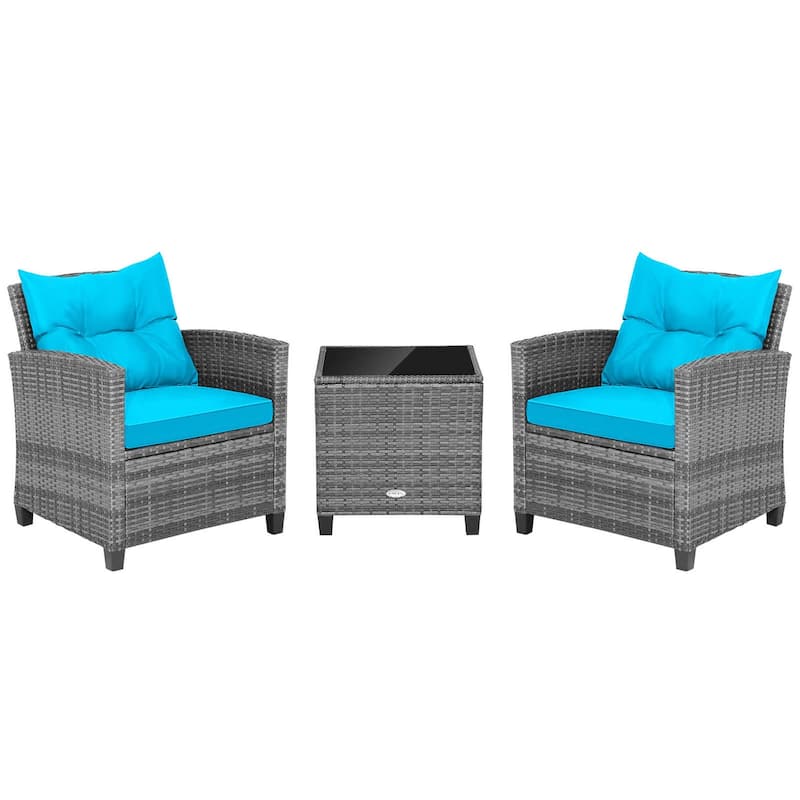 3PCS Patio Rattan Furniture Bistro Set Cushioned Sofas Side Table