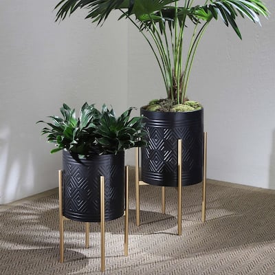 Outdoor Planter(Set of 2) on Metal Stand, Black/Gold
