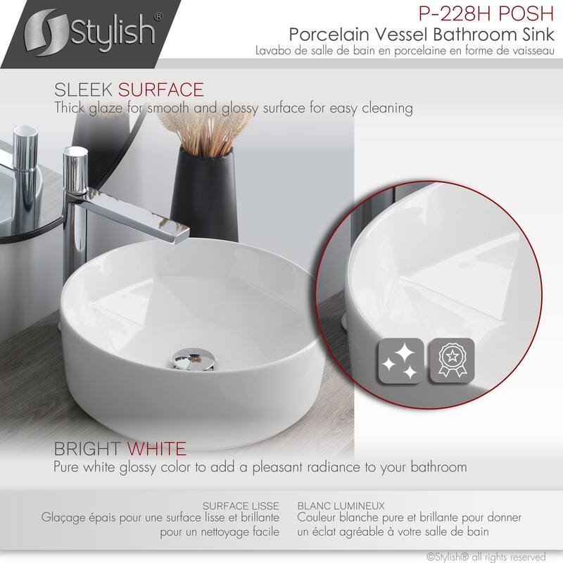 STYLISH Porcelain Round 16 inches Vessel Ceramic Bathroom Sink - 16" x 16 x 5 1/2"