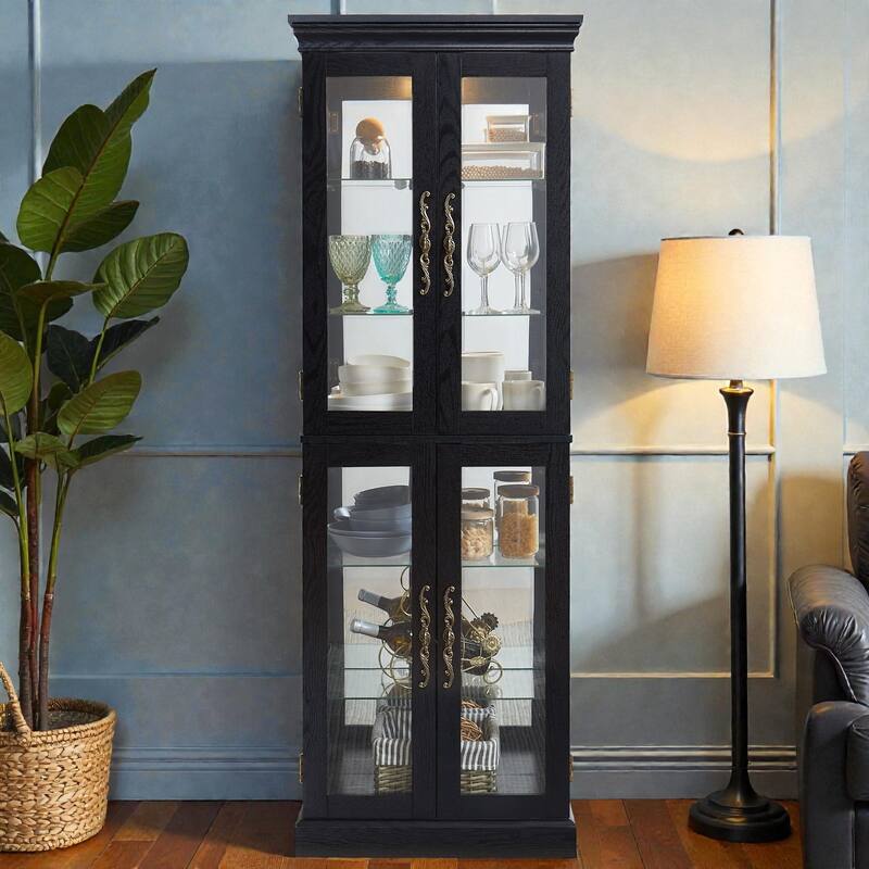 Lighted Glass Curio Display Cabinet with Wooden Frame, 6-Tier Storage for Collectibles, Wine, Toys, Living Room Display - Black