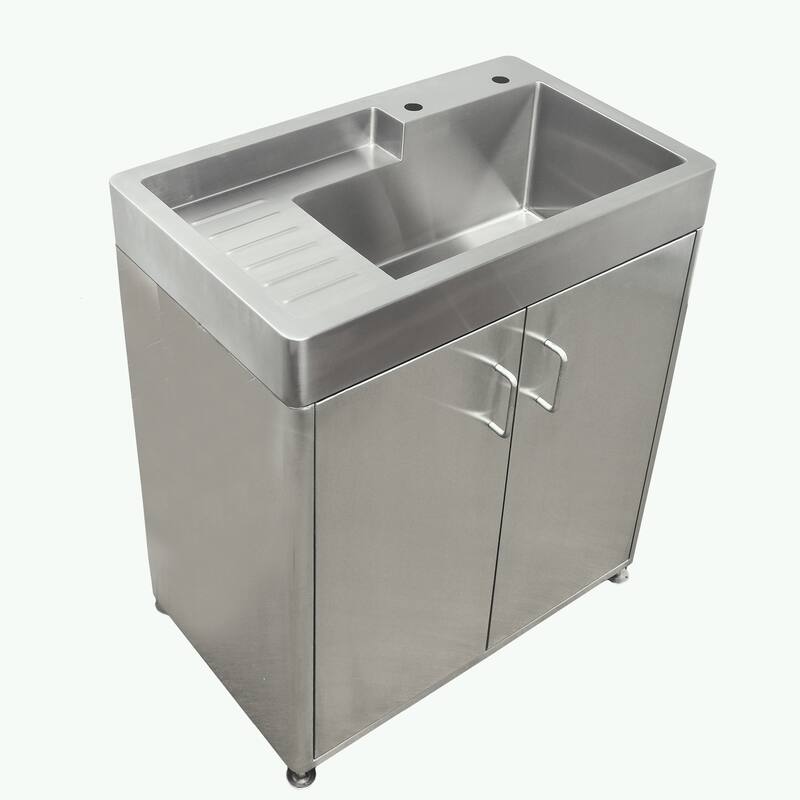 Stainless Steel Double Door, Freestanding Cabinet with Sink - Brushed Stainless Steel