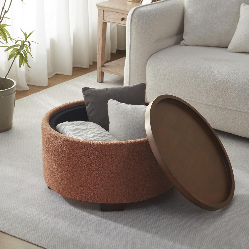 Huimo Modern round wooden tray Ottoman with Storage