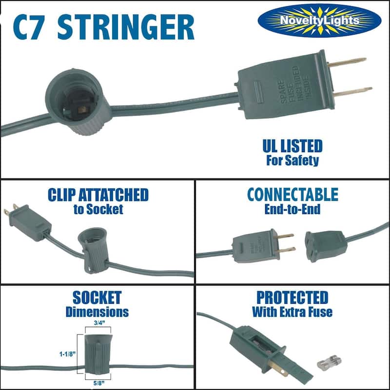 25 Foot C7 Outdoor Patio Christmas Stringer, C7/E12 Base, 12" Space, Green Wire - Small