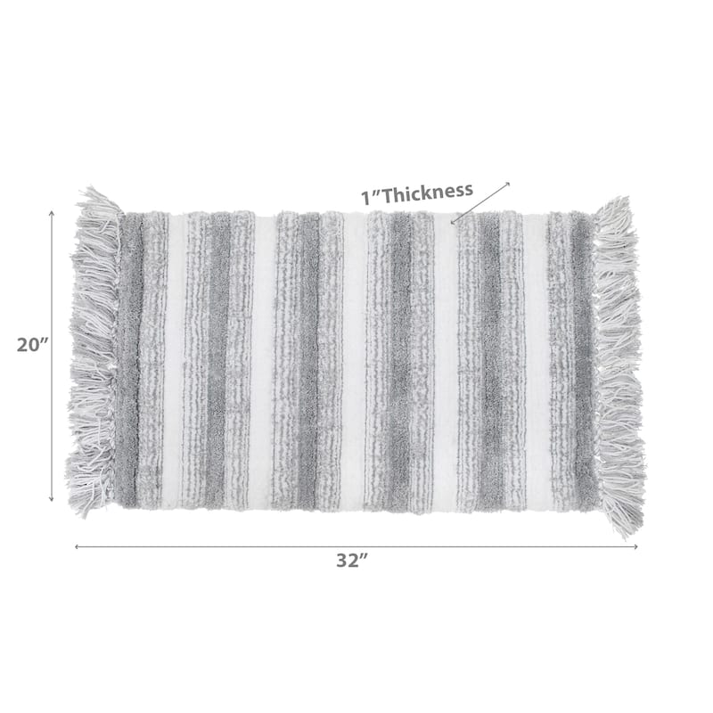 Microfibre Striped Bath Mat With Fringe Silver 20X32