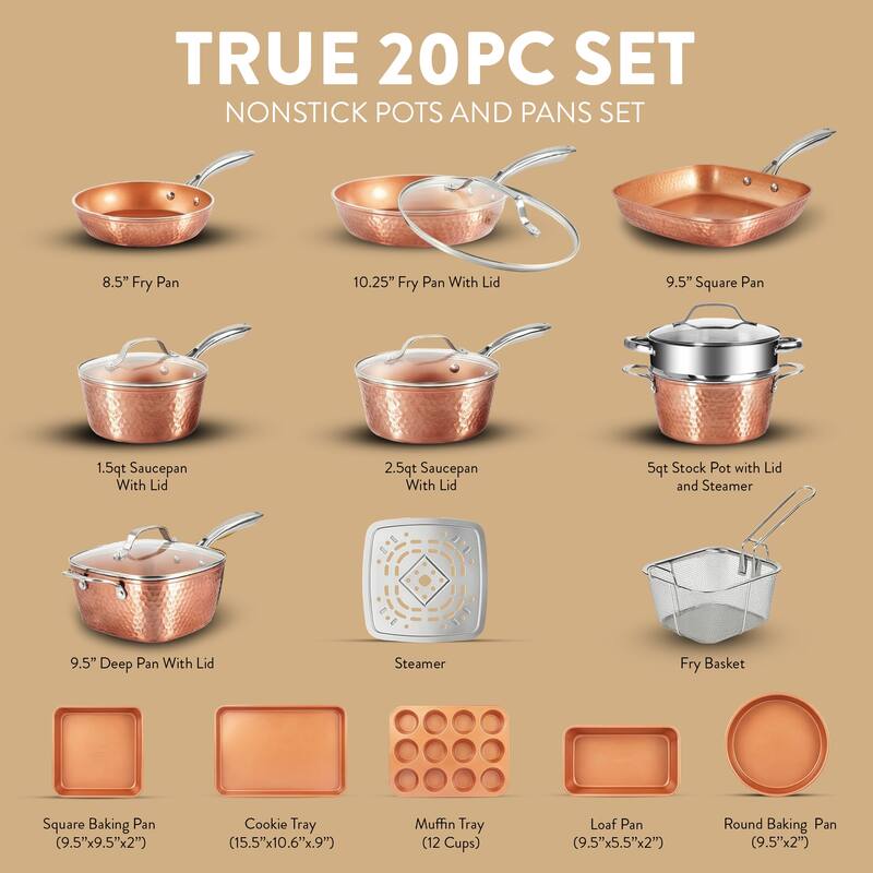 Gotham Steel Hammered Pots and Pans Copper 20 Piece Ceramic Nonstick Induction Cookware and Bakeware Set