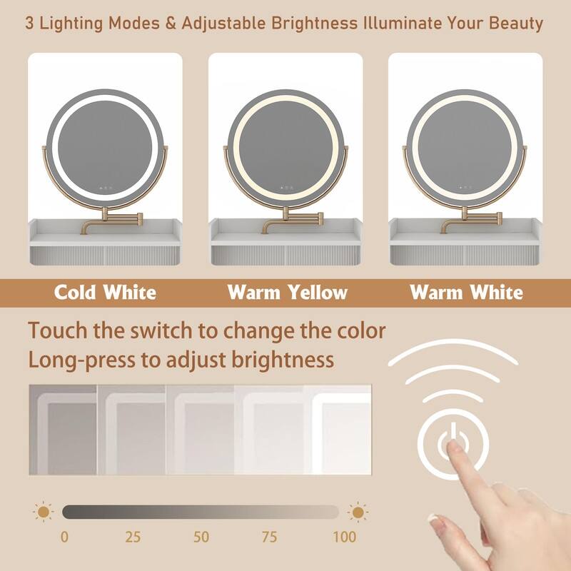 3 in 1 Vanity Desk With mirror and light ,Small makeup vanity set with charging station, 2 drawers , upholstered stool
