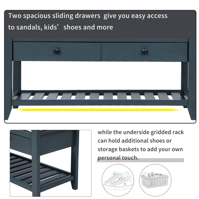 Shoe Rack with Cushioned Seat and Drawers, Multipurpose Storage Bench, Antique Navy - 39"L x 14"W x 19.8"H