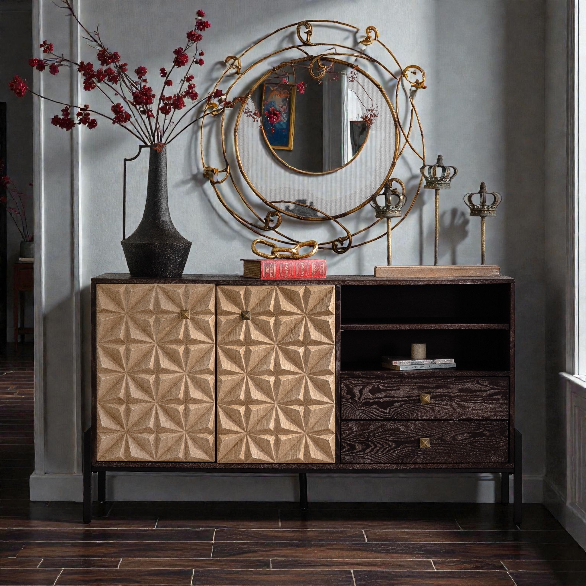 56.30" Mid-Century Modern Sideboard Cabinet with 3D Geometric Doors, Solid Wood & MDF Buffet Console Table