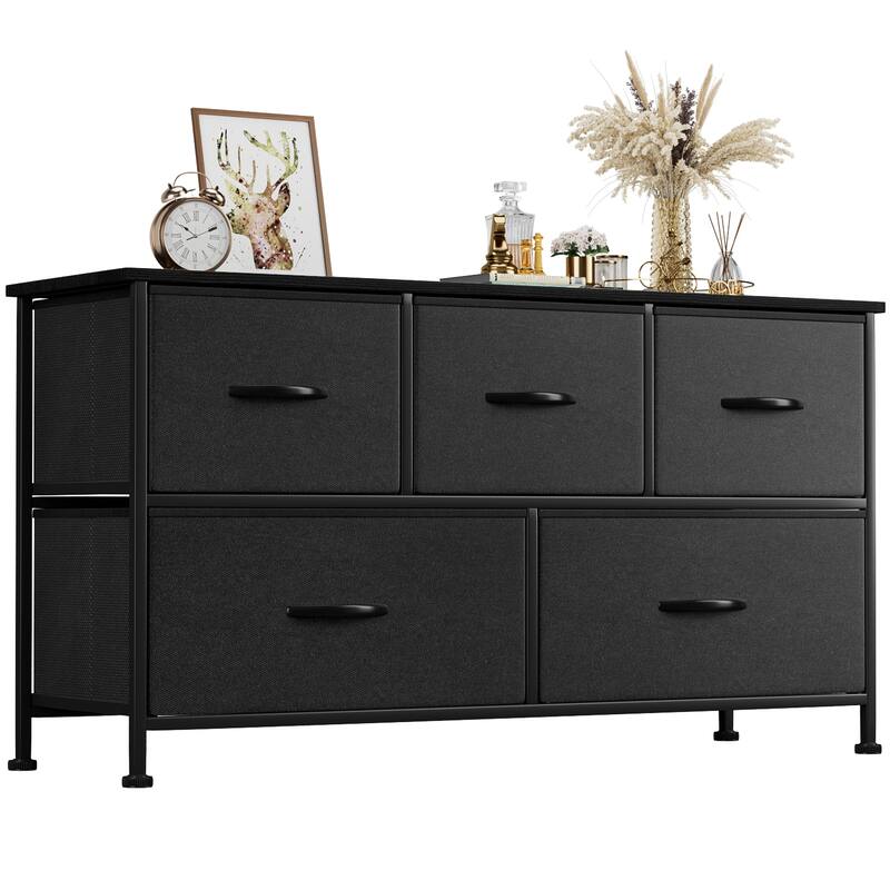 Furniwell 5 Drawer Fabric Dresser Wide Chest Of Drawers, Black - 5-drawer