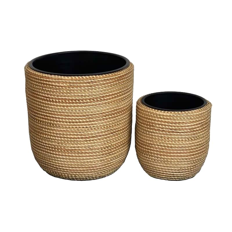 Alpine Corporation 18in. Tall Poly Rattan Planter Set of 2 with Removable Inserts, Durable Wicker-Style Resin Pots