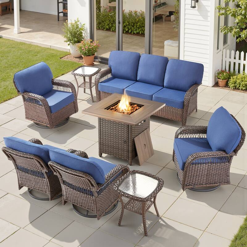 Pocassy Patio Outdoor Fire Table with Sofa Ottoman Swivel Chair Set. - Brown Wicker Blue Cushion - 8-Piece Sofa Swivel Chair Table w/ Fie Pit Table
