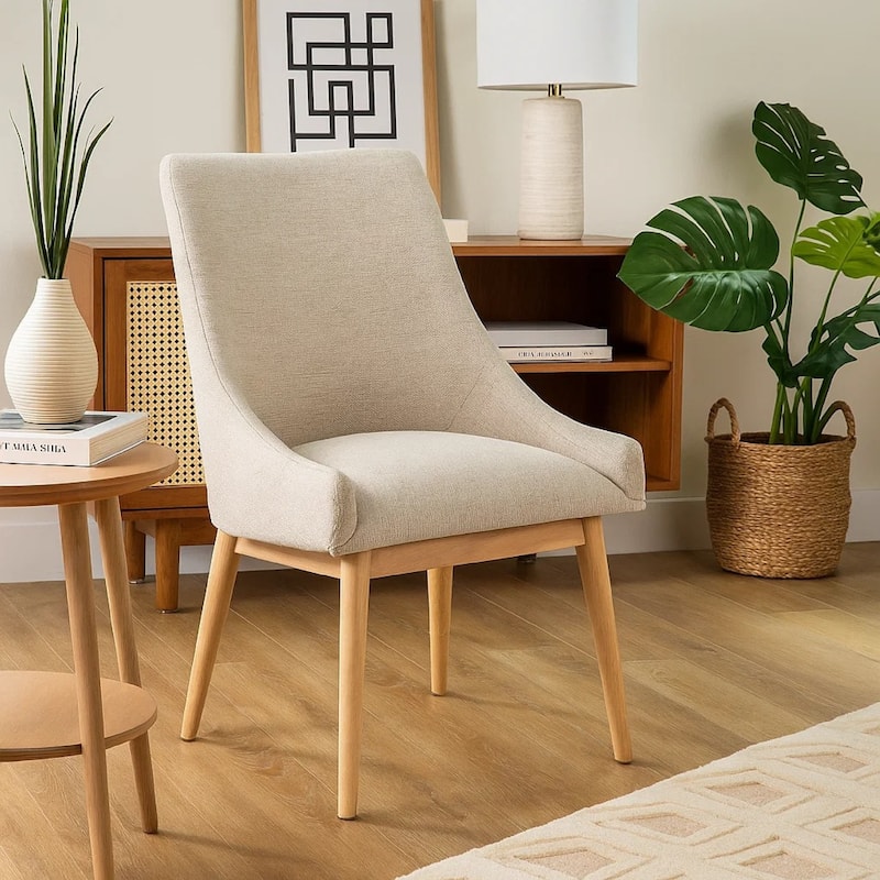 Livvy High Back Dining Chair Set of 2, Light Gray Fabric, Wheat Brown Wood