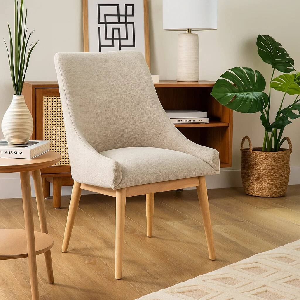 Livvy High Back Dining Chair Set of 2, Light Gray Fabric, Wheat Brown Wood