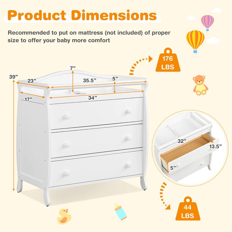 3 Drawer Changing Table Infant Diaper Changing Station with Drawers