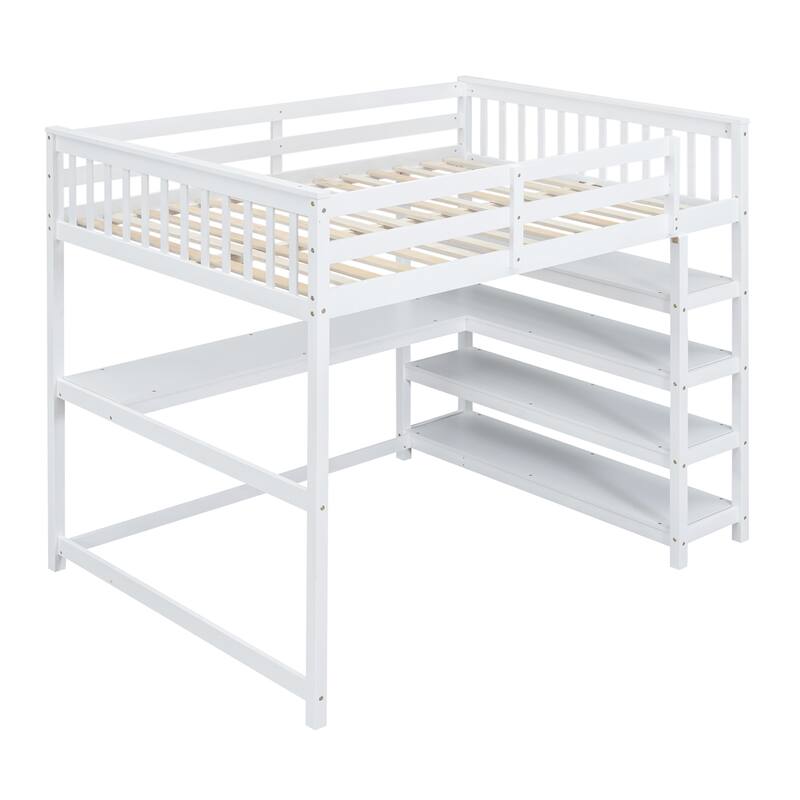 Twin/Full Loft Bed with Desk and Shelves, Wooden Loft Bed for Children's Bedrooms, Small Space, Space-Saving