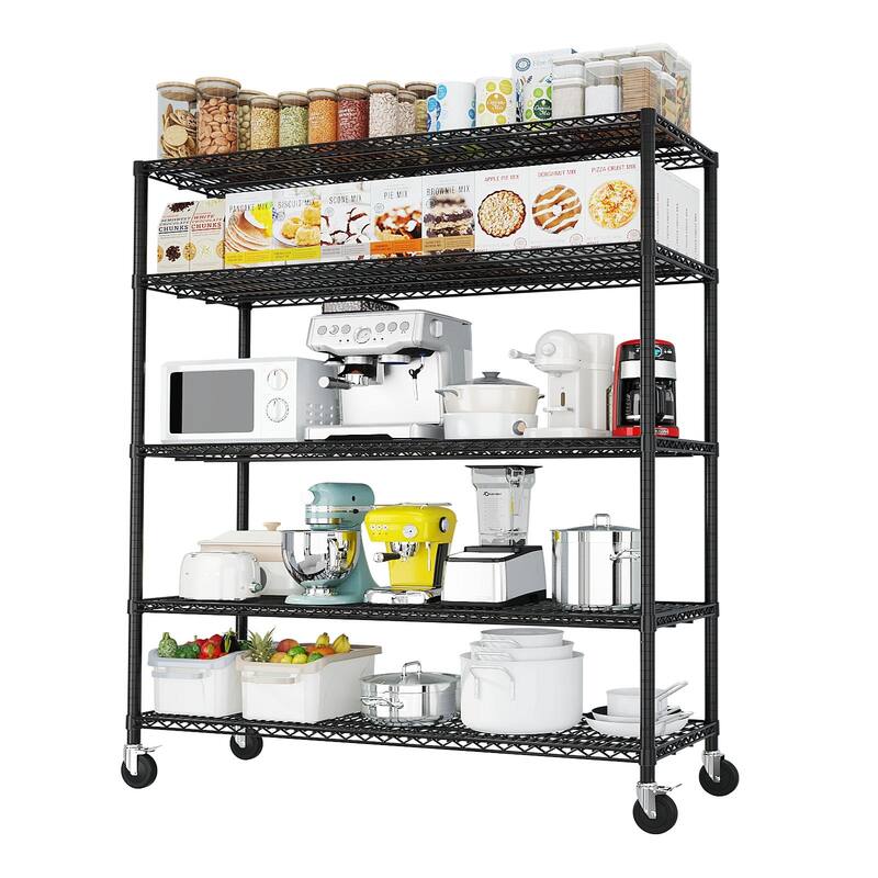 Black Adjustable 5-Layer Steel Wire Storage Shelf with Lockable Caster Wheels for Garage and Home