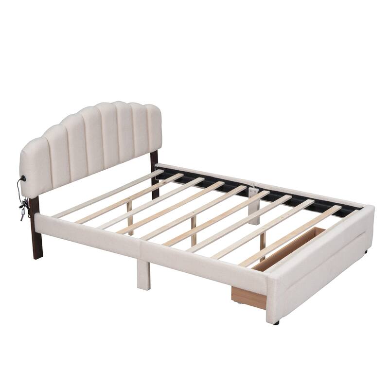 Queen Teddy Fleece Platform Bed with Drawer, USB Ports, and LED Light