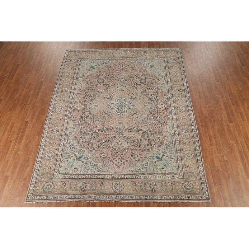Pink Geometric Tabriz Persian Vintage Area Rug Handmade Wool Carpet - 8'8"x 11'2"
