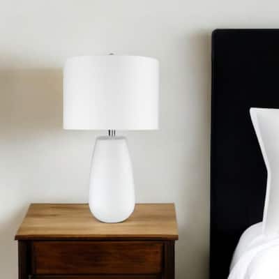 28 Inch White Glass Table Lamp with Fabric Drum Shade for Living Room - 16” x 16” x 28”