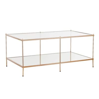 42" Glass Coffee Table with Gold Metal Base and Mirrored Shelf for Living Room - 42.25” x 24” x 19”