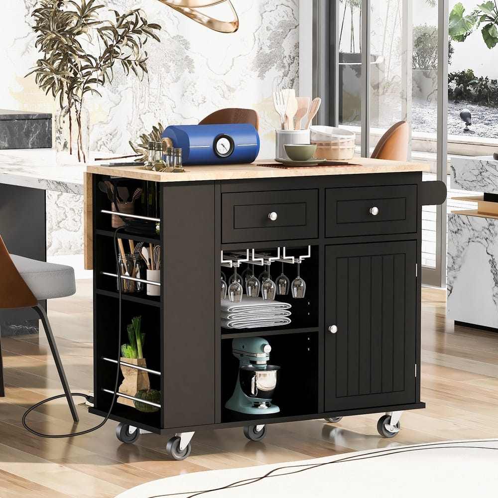 Multifunctional Kitchen Cart with Power Outlet, Open Storage and Wine Rack - 40" x 34" in.