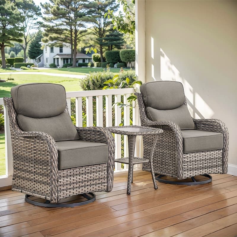 Arcadia 3-Piece Wicker Patio Swivel Glider Chairs with 6-Inch Thick Cushions and Side Table - Gray Cushions - Gray Wicker