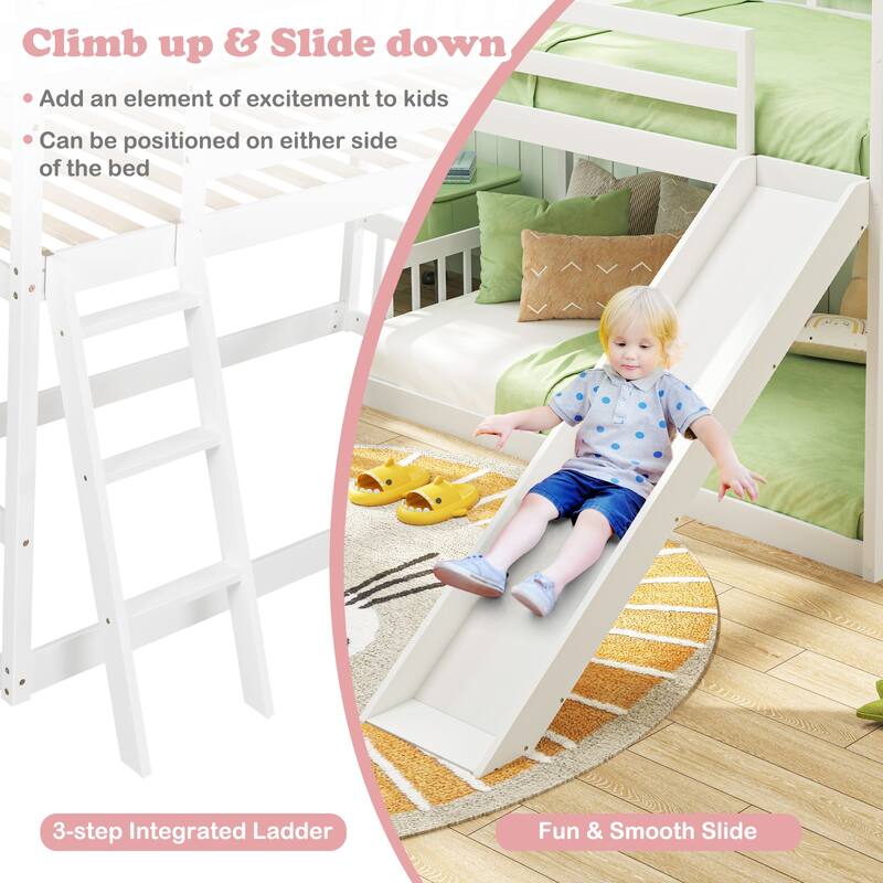 Gymax Twin Over Twin House Bunk Bed w/ Slide Solid Wood Low Bunk Bed