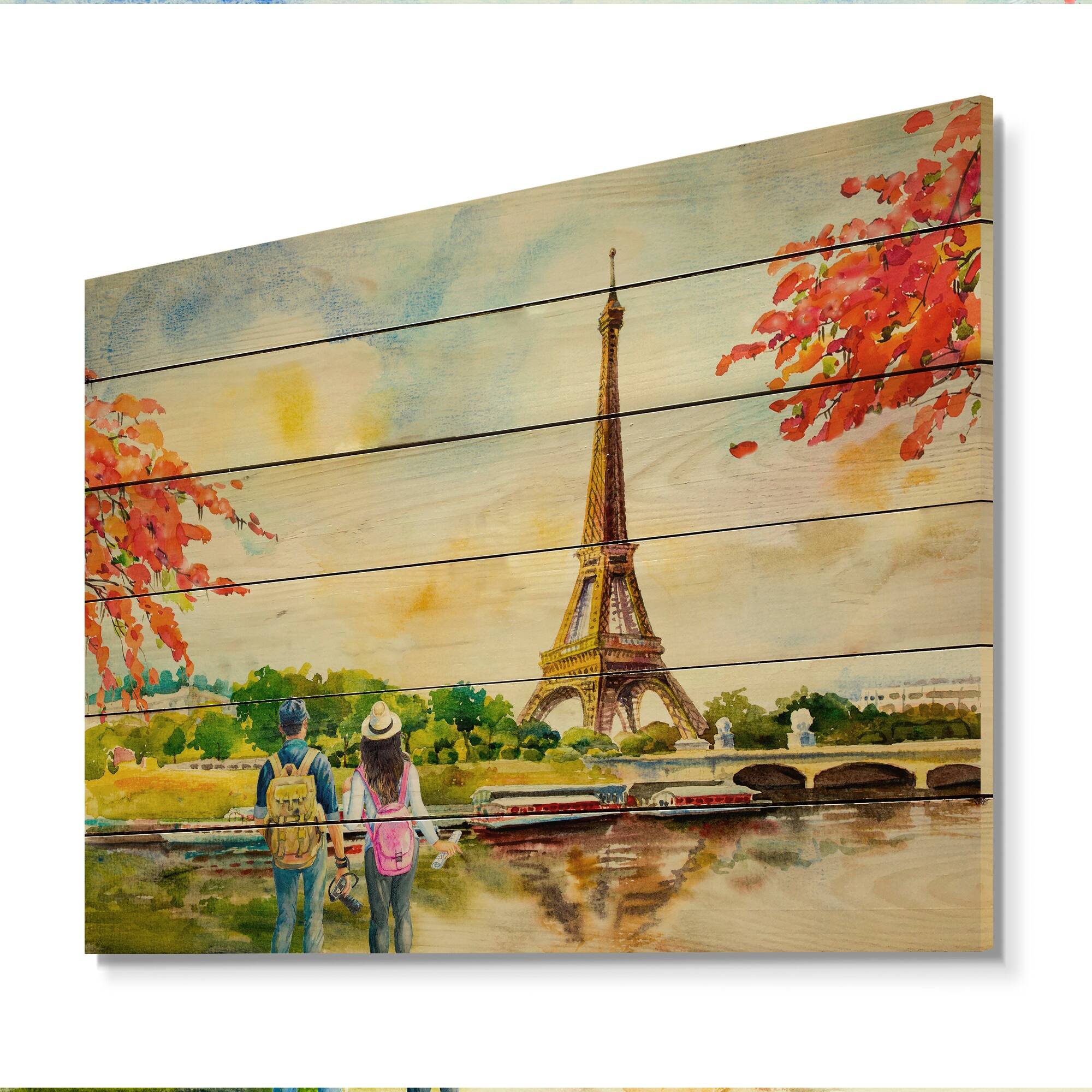 Designart 'Romantic Couple In Love In Paris VI' French Country Wood