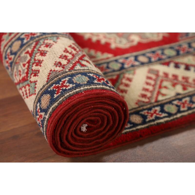 Red Geometric Kazak Oriental Runner Rug Hand-Knotted Wool Carpet - 2'8" x 9'4"