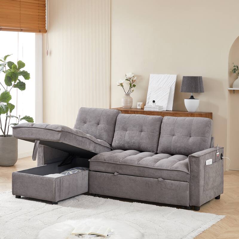 Futon Daybed Pull-Out Sofa Bed with USB and Tape-c, L-Shaped Sectional Sofa with Storage Chaise Lounge and Side Pocket