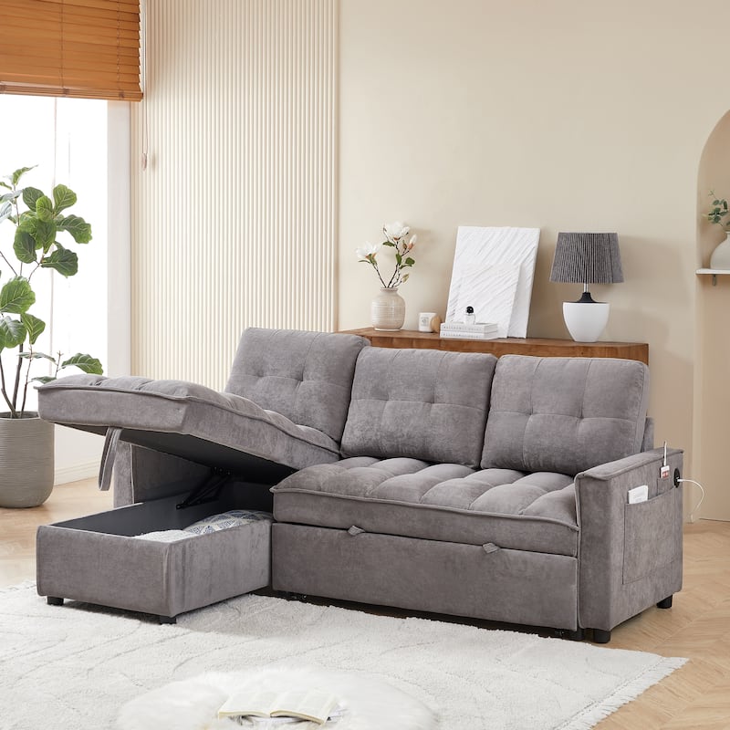 Modern Chenille L-Shaped Convertible Sofa Bed with Storage, USB and Type-C Charging Ports for Living Room