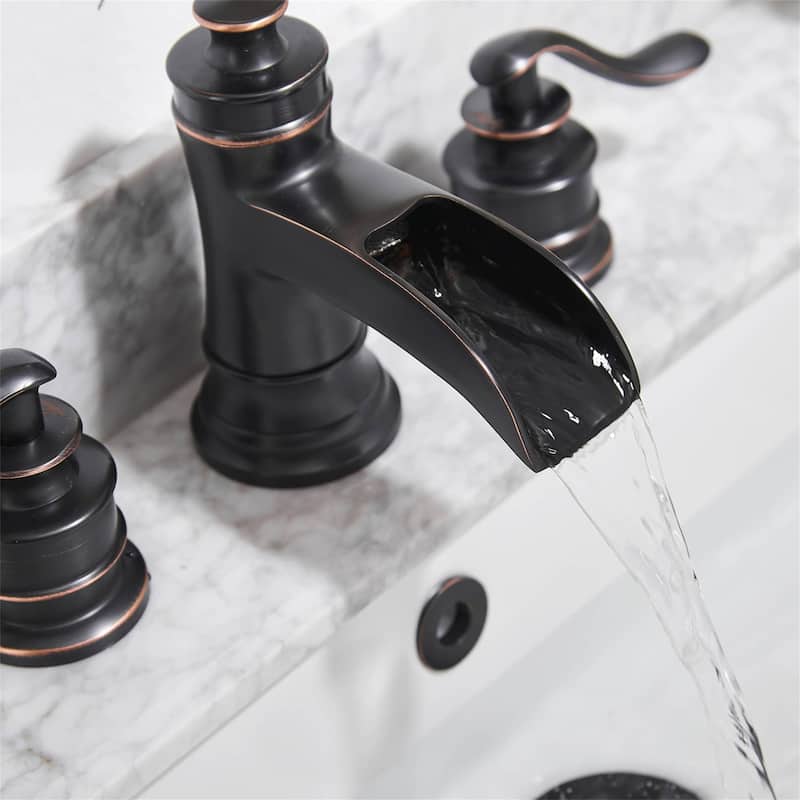 Double Handle Widespread Bathroom Faucet With Drain Assembly Waterfall Bathroom Sink Faucets 3 Holes 8 Inch Modern Vanity Taps