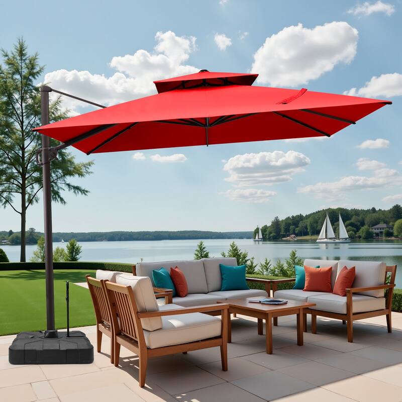 9 ft x 11 ft Outdoor Patio Dual Top Cantilever Offset Umbrella with Rod Base - Red