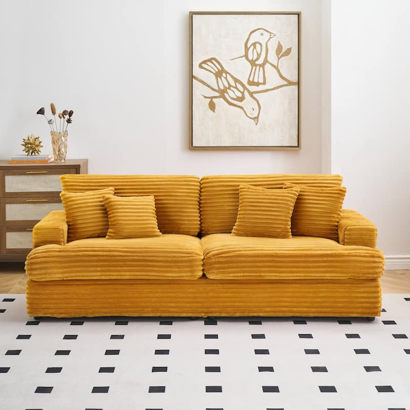 Corduroy Upholstered 3 Seater Sofa, Deep Seat Sofa with 4 Throw Pillows, Lounge Sofa with Square Arms & Removable Cushion