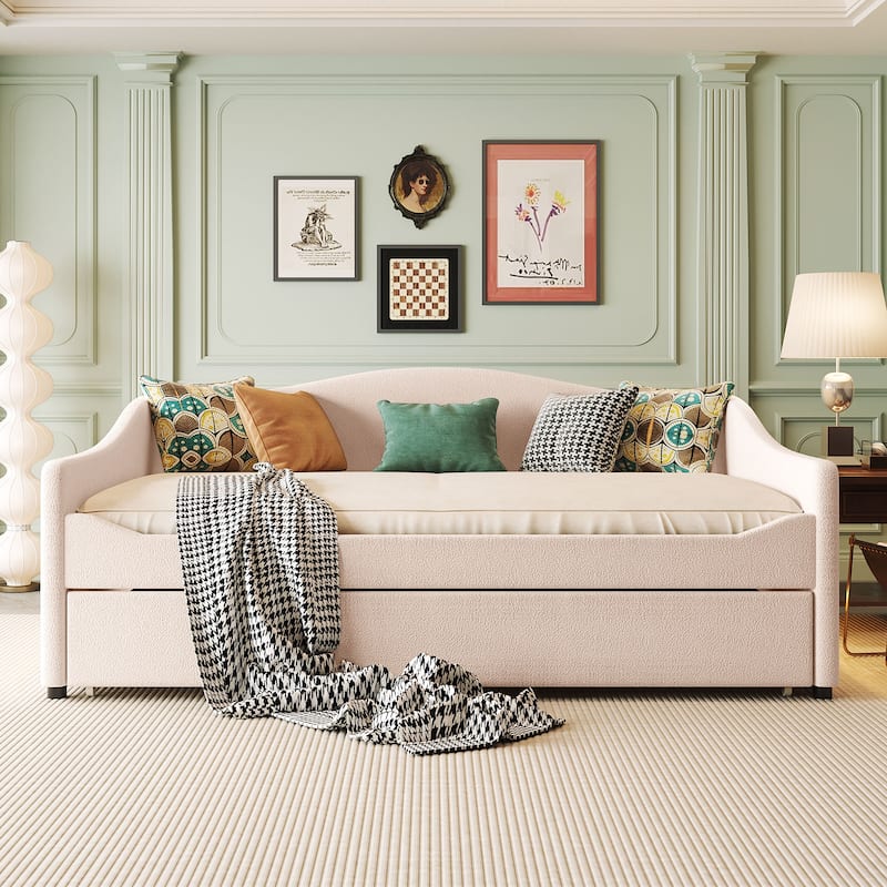 LED Daybed Frame Teddy Fleece Upholstered Sofabed, Wood Panel Bed with Pull-out Trundle Bed, Platform Bed Furniture - Beige - Full